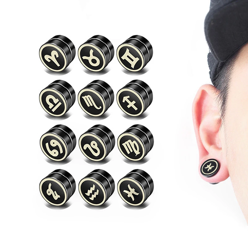 1piece Stainless Steel Jewelry Strong Magnet Magnetic Health Care Ear Stud Non Piercing Earrings 12 Constellation Punk Mens Gift