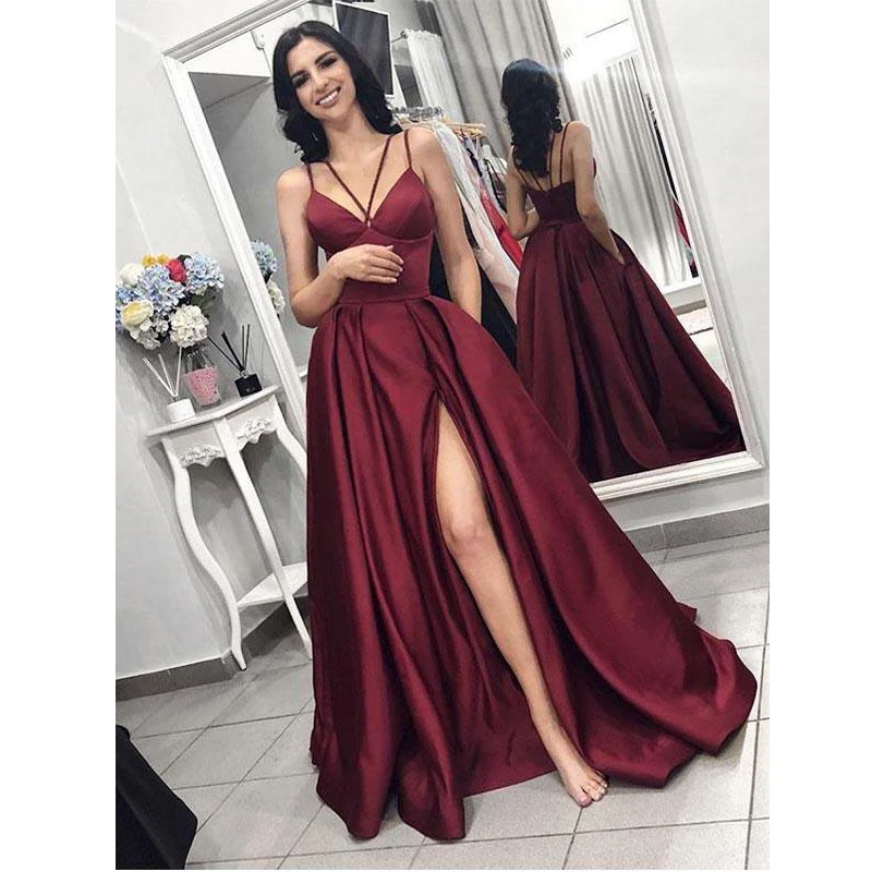 

Burgundy Evening Dresses elegant Prom Dress with slit 2022 women satin formal party gown robe soiree vestido de festa