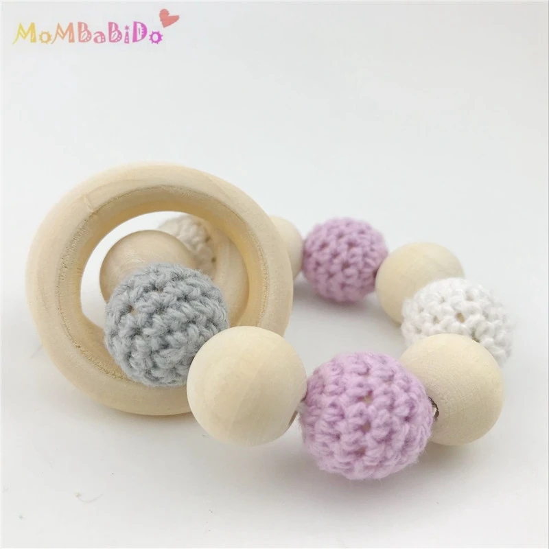 Montessori brinquedos chocalho do bebê 2pc brinquedo mordedor de madeira anel crochê contas de madeira pode mastigar pram corda diy pulseira melhores presentes