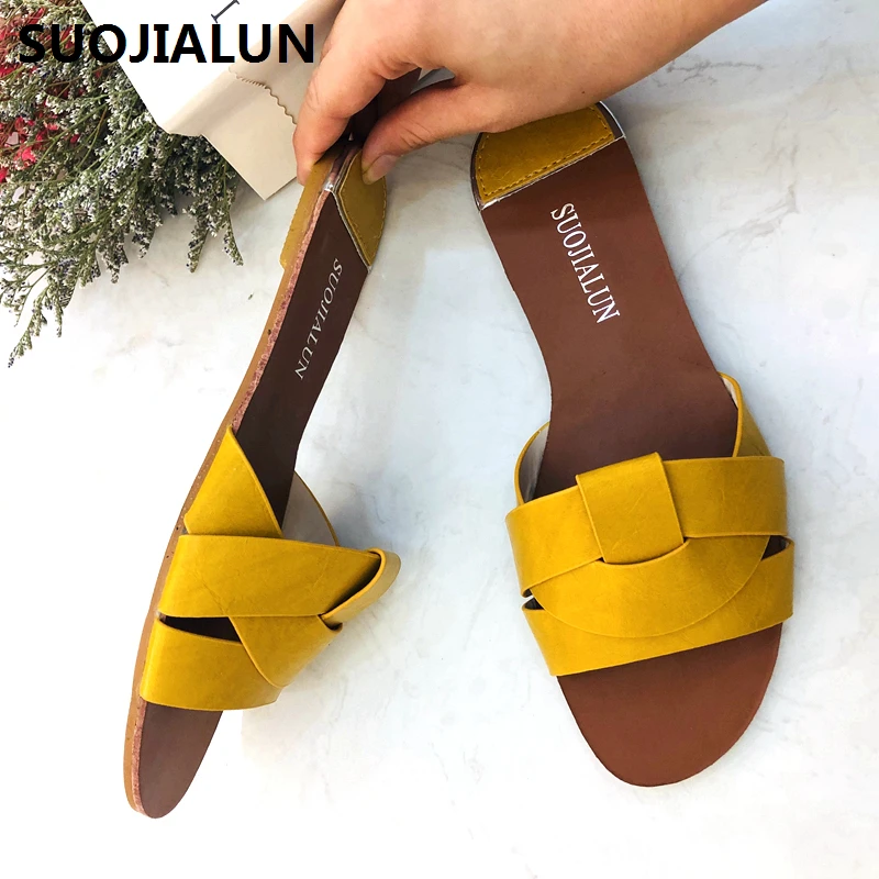SUOJIALUN 2019 Summers Beach Slippers Women Flip Flops Outdoor Flat Shoes Ladies Sandals Hot Sale Slide New