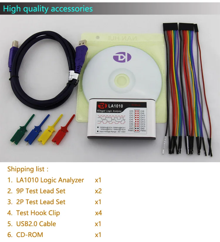 Kingst LA1010 USB Analizador Lógico 100 M max frecuencia de muestreo, 16 Canales, muestras 10B, MCU, ARM, FPGA herramienta de depuración de software