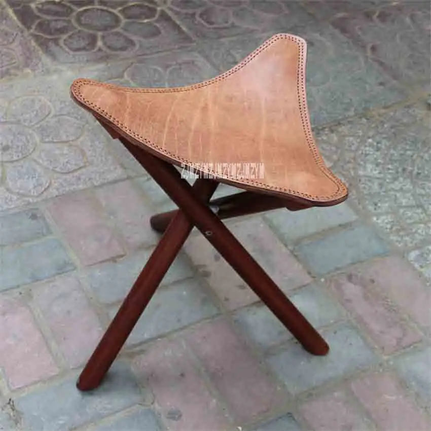 New Portable Three-legged Solid Elm Wood Folding Stool Leather Seat Living Room Furniture Wooden Tripod Stool For Outdoor/Indoor