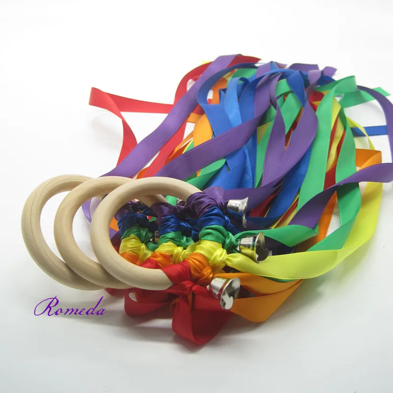 

20 Pieces/Lot Rainbow color speaker bell wooden ring waldorf toys hand kite baby teether