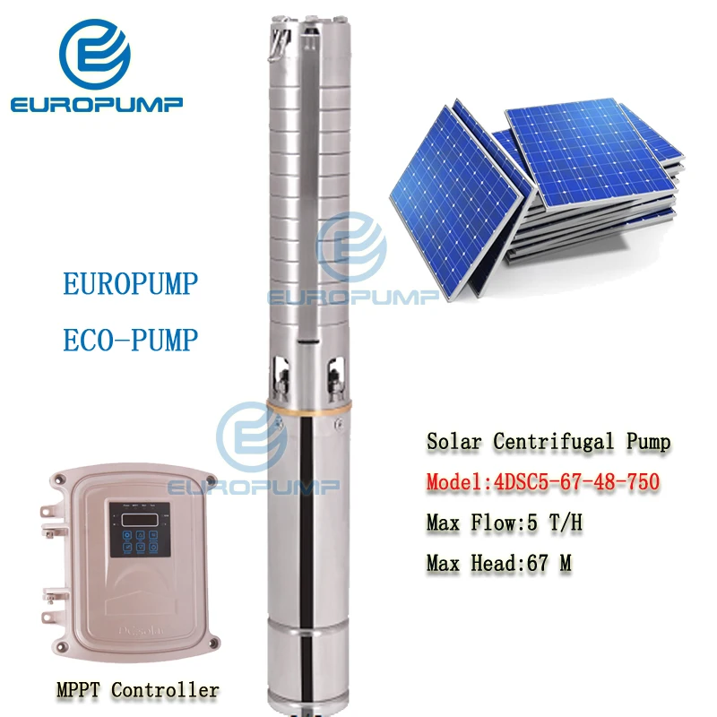 

EUROPUMP MODEL(4DSC5-67-48-750) 4" DC Deep Well Solar Water Pump 72V 1HP Submersible Pump ax Head 67m, Flow 5T/H Borehole Pump