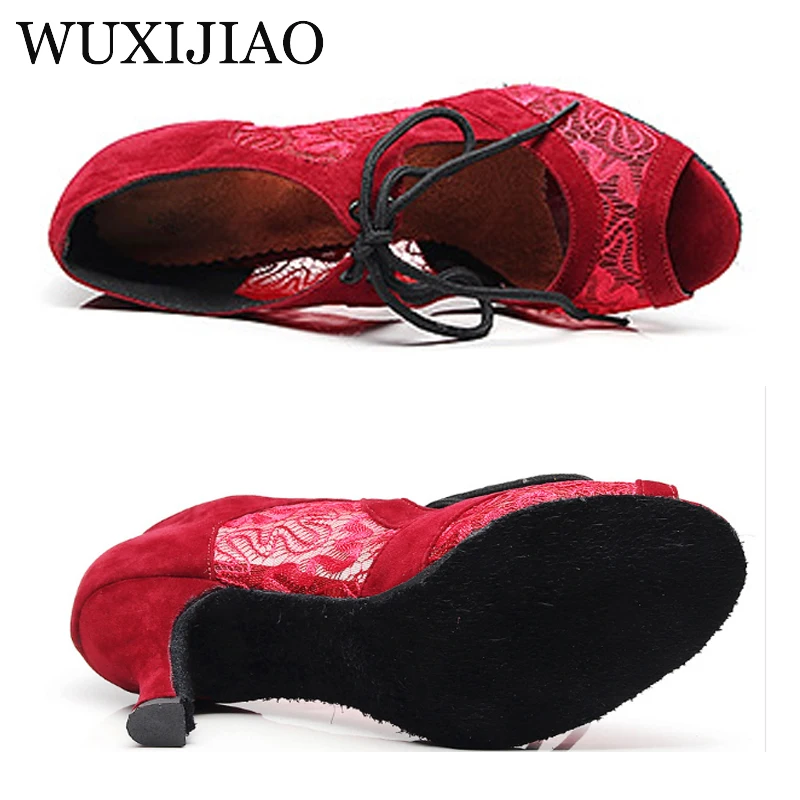 WUXIJIAO Lace Latin Dance Shoes Red and Black For Woman Ballroom Dancing Shoes Salsa Performance Dance Shoes heel 8.5/10cm