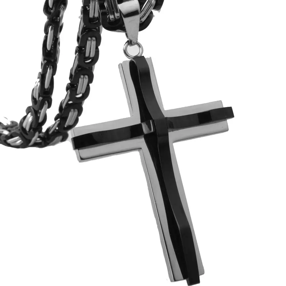 Christian Jesus Crucifix Pendant Necklaces Mens Gifts Heavy Stainless Steel Byzantine Link Chains Male Metal Religious Jewelry