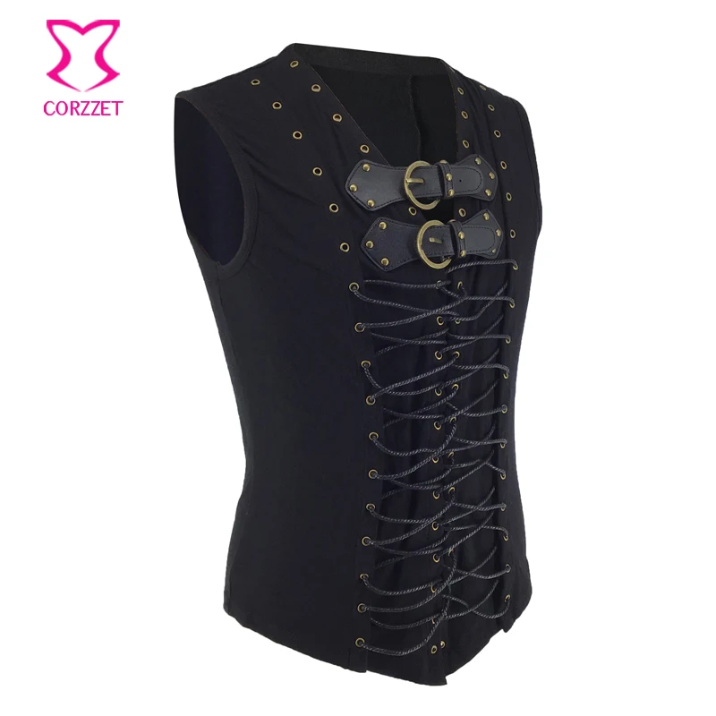 Men Steampunk Double Breasted Vest Black Leather Sleeveless Lace Up Victorian Gothic Corset Waistcoat Vest Vintage Jackets Coats