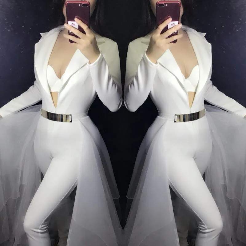 Traje de fiesta para discoteca, cantante femenina, bailarina, Jazz, DJ, DS, mono de actuación, Bar, fiesta, espectáculo, traje de escenario, peleles ajustados sexys blancos