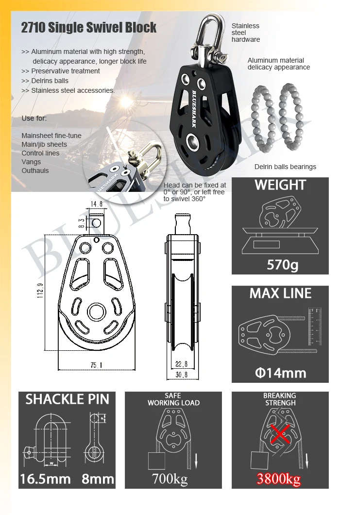 Sailboat Hardware 75 mm 3 Inch Aluminum Single Swivel Block 2710