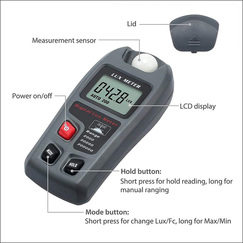 RZ Lux Meter Digital 200,000 Lux Digitale LCD Luce Della Tasca del Tester Lux/FC Misura Tester Sensore di illuminometer Fotometro MT-30