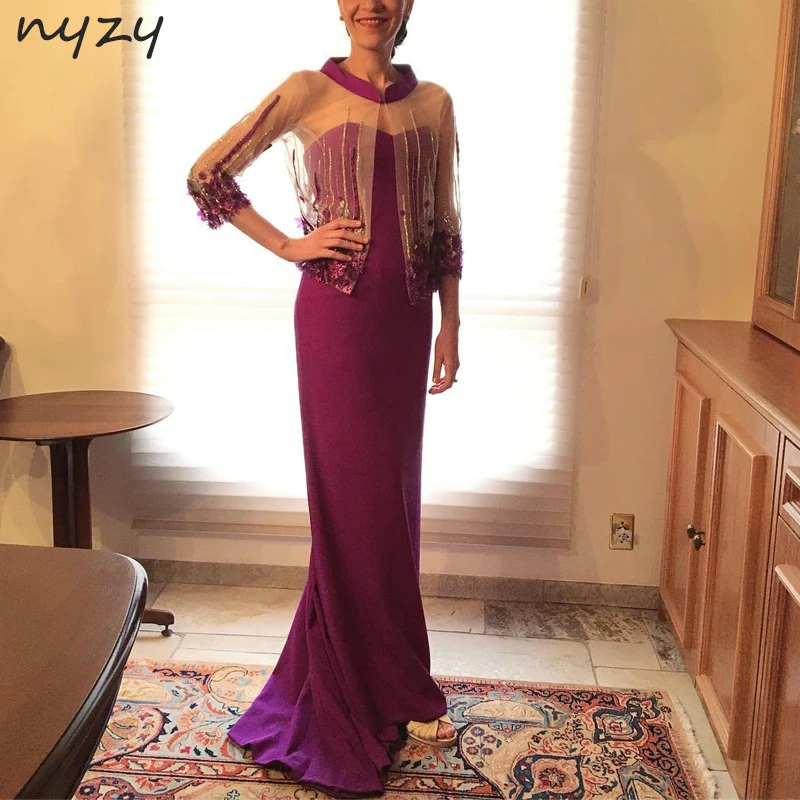 

NYZY M56 Elegant Mother Of the Bride Groom Dresses 2 Piece with Cape Bolero Crystal Fuchsia 2019 Wedding Party Evening Gowns