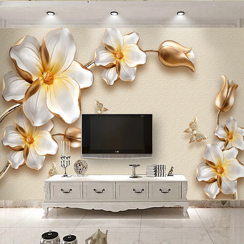 

High Quality Deep Texture Relief 3D Murals Golden Flowers Jewelry Luxury Photo Wallpaper Living Room Hotel Backdrop Wall Fresco