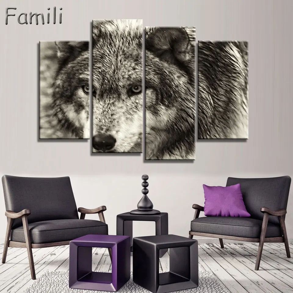 

4 Panels Art Painting High Quality HD For Living Room Canvas Prints Wolves Stand For Future Wolf Handsome New Life