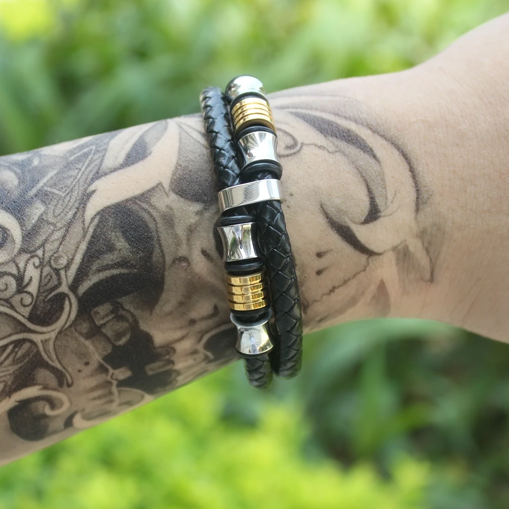 TYO خمر أسلاك الفولاذ المقاوم للصدأ الجلود الذكور أساور أساور للرجال طبقة مزدوجة نمط هندسي مزيج أساور