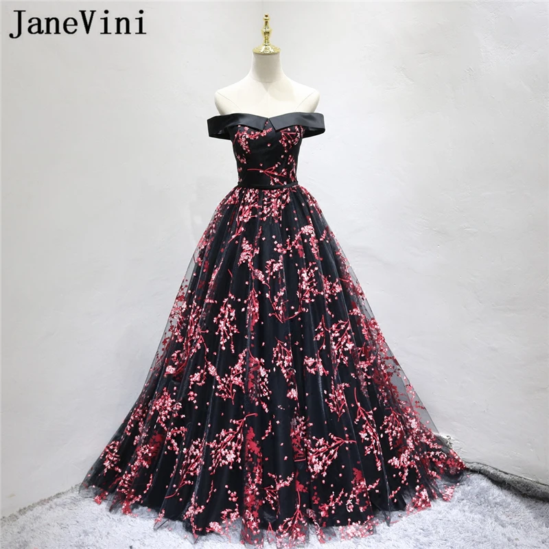 

JaneVini Elegant Tulle Long Bridesmaid Dresses Floral Print A Line Strapless Floor Length Formal Prom Gown Vestido Dama De Honor