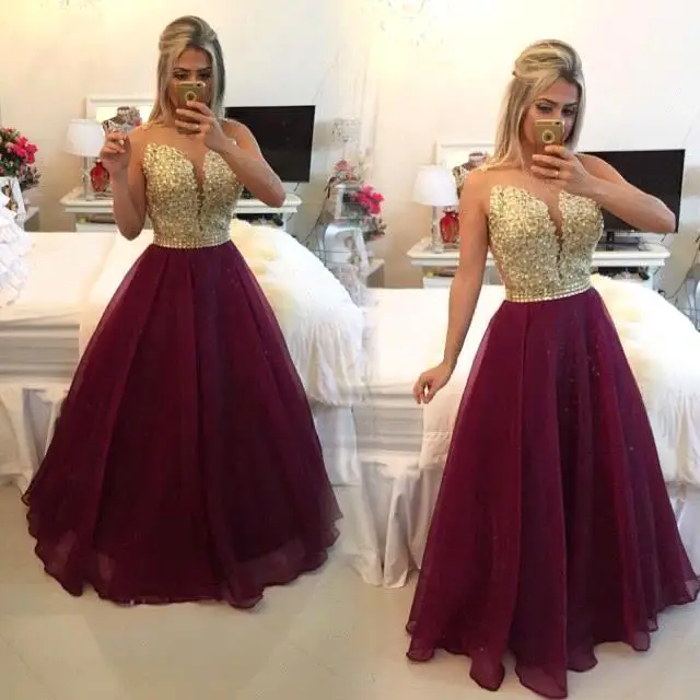 Sexy Sleeveless Gold Lace Burgundy Long Evening Dresses See Through Back A Line Prom Dresses vestido de festa longo