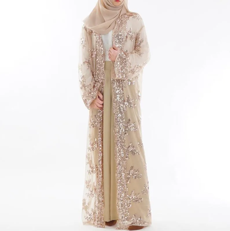 

Fashion women Sequin embroidery lace perspective Abaya Muslim Women Long Cardigan Chiffon Blouse Turkish Islamic Clothing a870