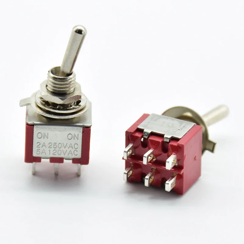 5Pcs Red Toggle Switch Mini MTS-202 ON/ON DPDT Latching 2A 250VAC / 5A 120VAC 6 Pins With Solder Terminal waterproof