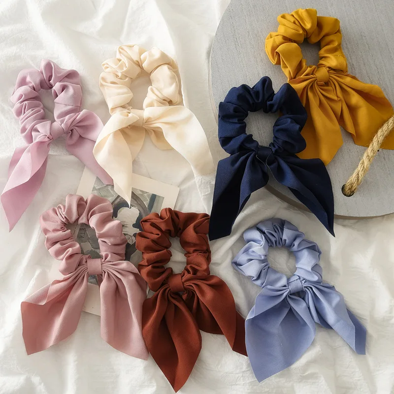 2020 New Girls Chiffon Bowknot Silk Hair Bow Scrunchies Women Ponytail Holder Hair Tie Hair Rope Rubber Bands Hair Accessories