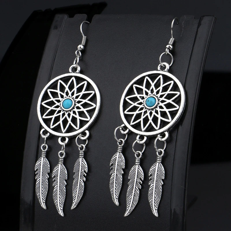 Fashion Hollow Dream Catcher Earrings For Women Silver-Plated Feather Dangle Long Earrings Pendientes Hanging Earrings Brincos