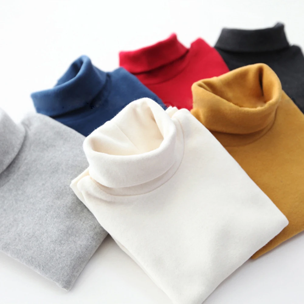 New Children tshirt boys Winter Thicken Add wool T-shirts Girls Solid color Long sleeve tops Cotton Turtleneck Tee shirt garcon