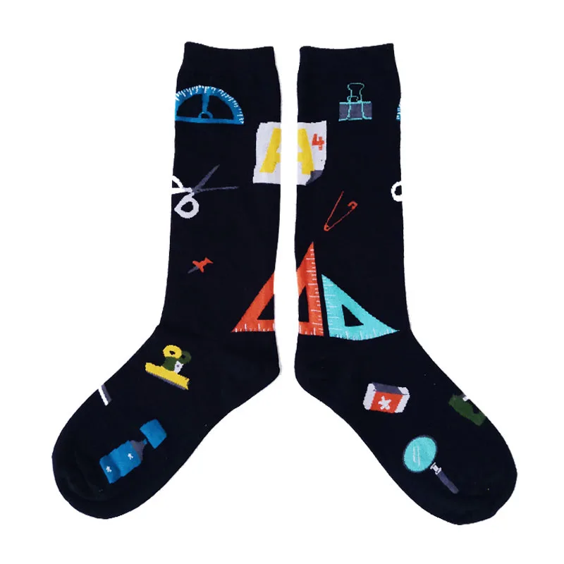 12pcs=6pairs Unisex Couples Sock Men Illustration Pattern Stationery Calculator 60%Cotton Long Tube Men Women Funny Socks Meias