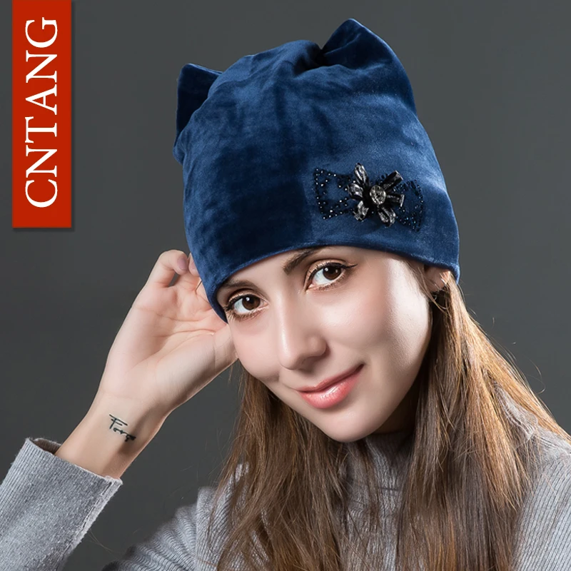 CNTANG Cute Cat Ears With Flower Caps Winter Warm Women Hats Flannel Autumn Beanies Fashion Girls Hat Velvet Skullies For Female