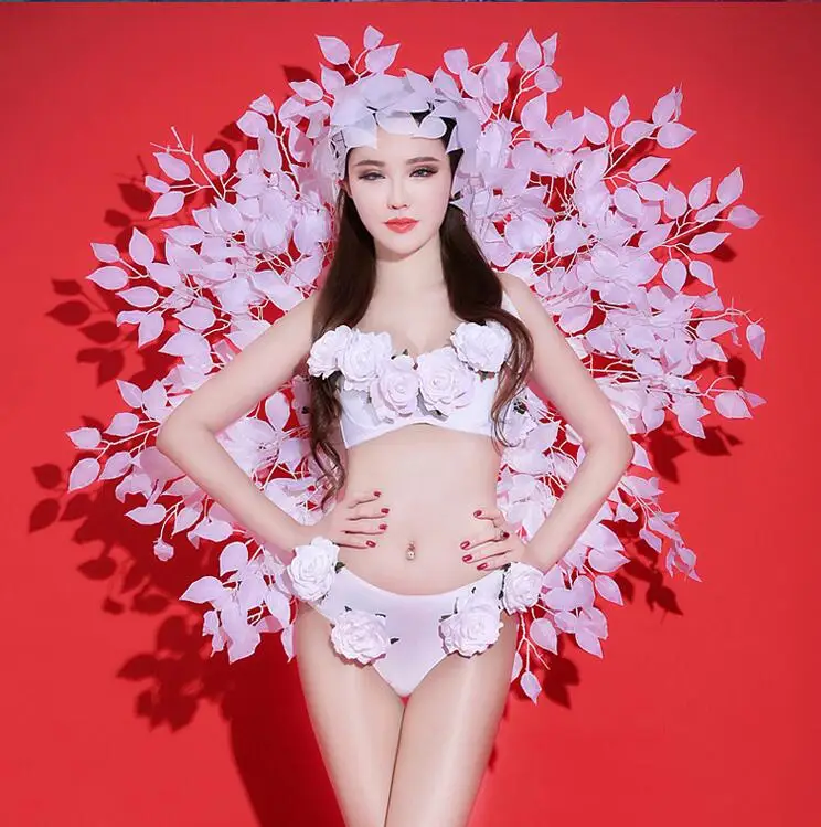 

Women New Nightclub DJ Stage Dance Costume Model Catwalk Show Performance Outfit Bikini Flower Backboard Wing Festival Wear S