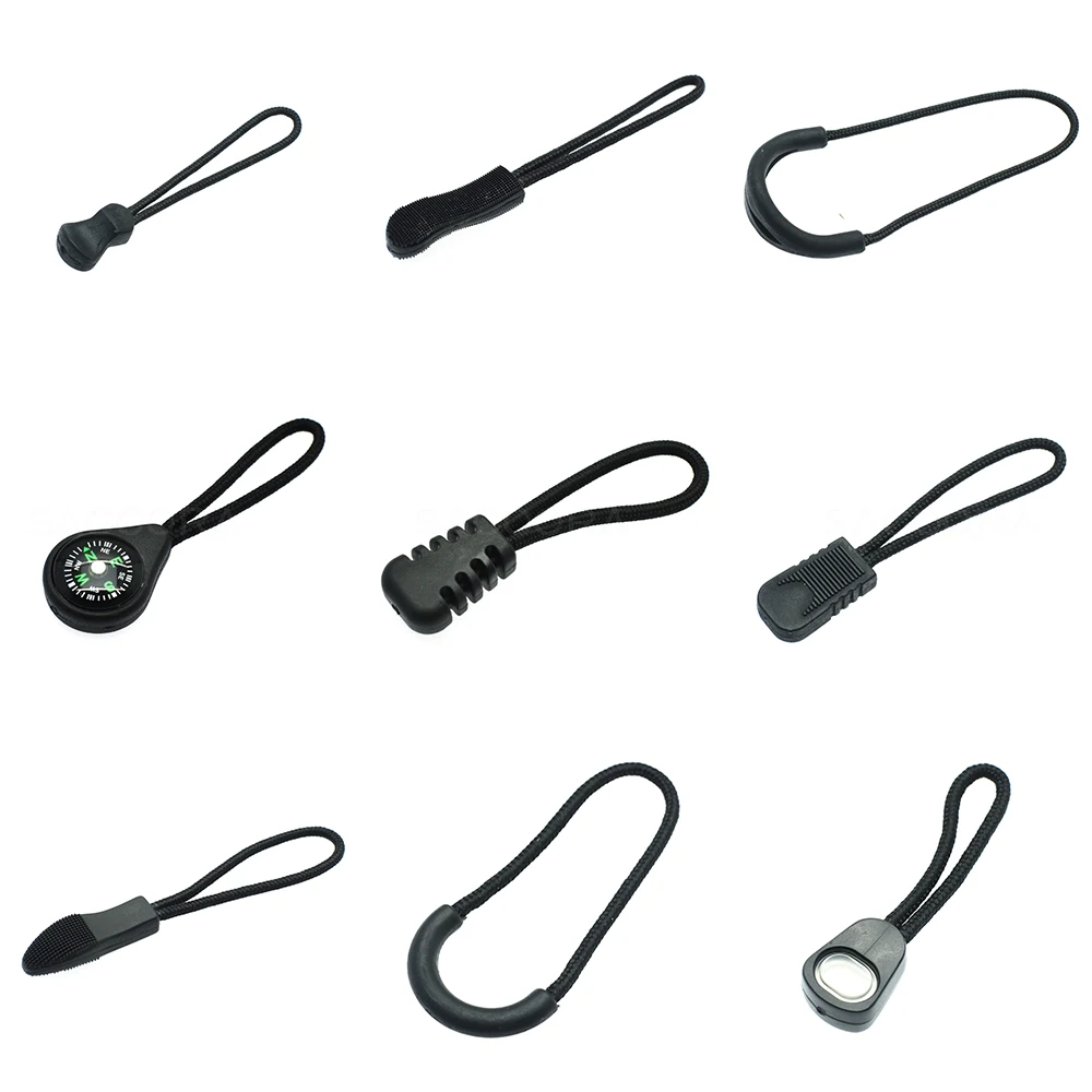 10pcs/pack Zipper Pulls Cord Ends Strap Lariat Black For Apparel Accessories 9 Style