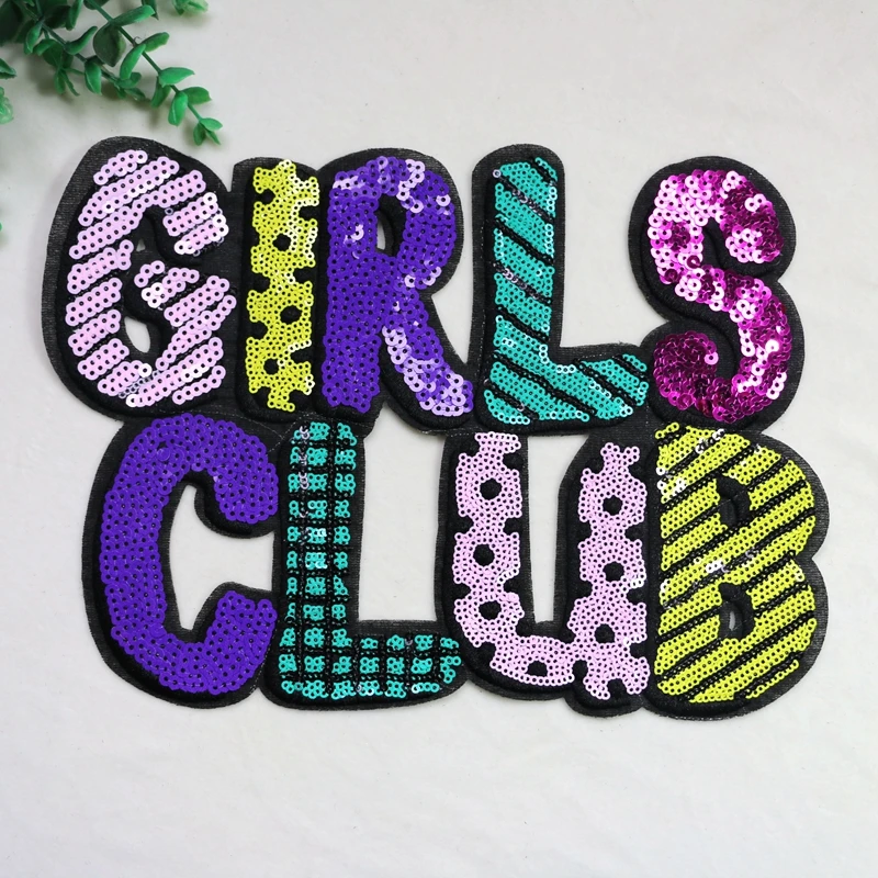 1 Piece Big Sequins Girls Club Patch Vintage Embroidered Applique Fashion Clothing Decoration Iron On Patch Accessories