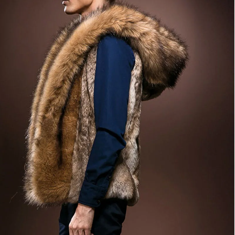 New Fashion Winter Men Fur Vest  Thick Fur Hooded Vests Men Waistcoats Males Sleeveless Outerwear Brand Clothing Coat Vests