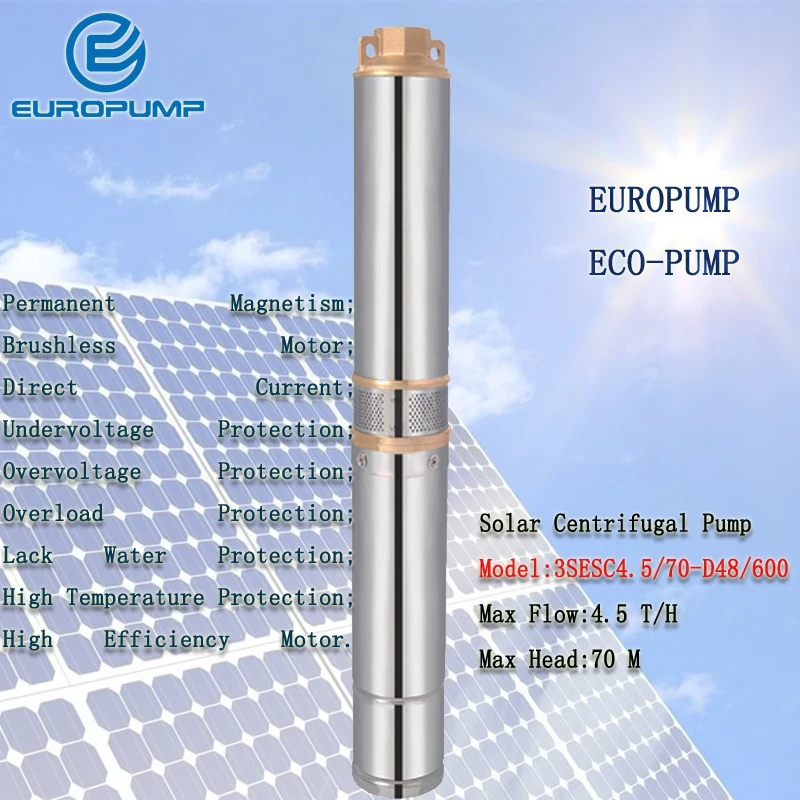 

EUROPUMP MODEL(3SESC4.5/70-D48/600) 600w Max head 70m Water Pump Centrifugal Pump 48V Solar Powered DC Brushles Submersible Pump