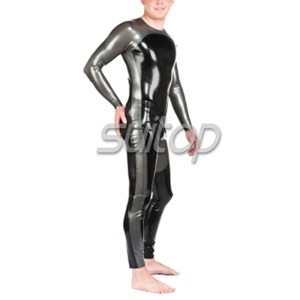 Men's Suitop two color latex jumpsuit rubber catsuit