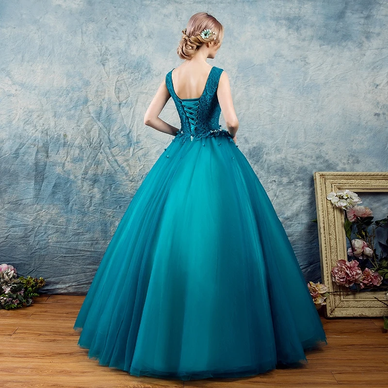 AnXin SH vintage princesa pequeña flor azul encaje rebordear cristal cuello en V sin mangas vestido de fiesta vestido de noche personalizado