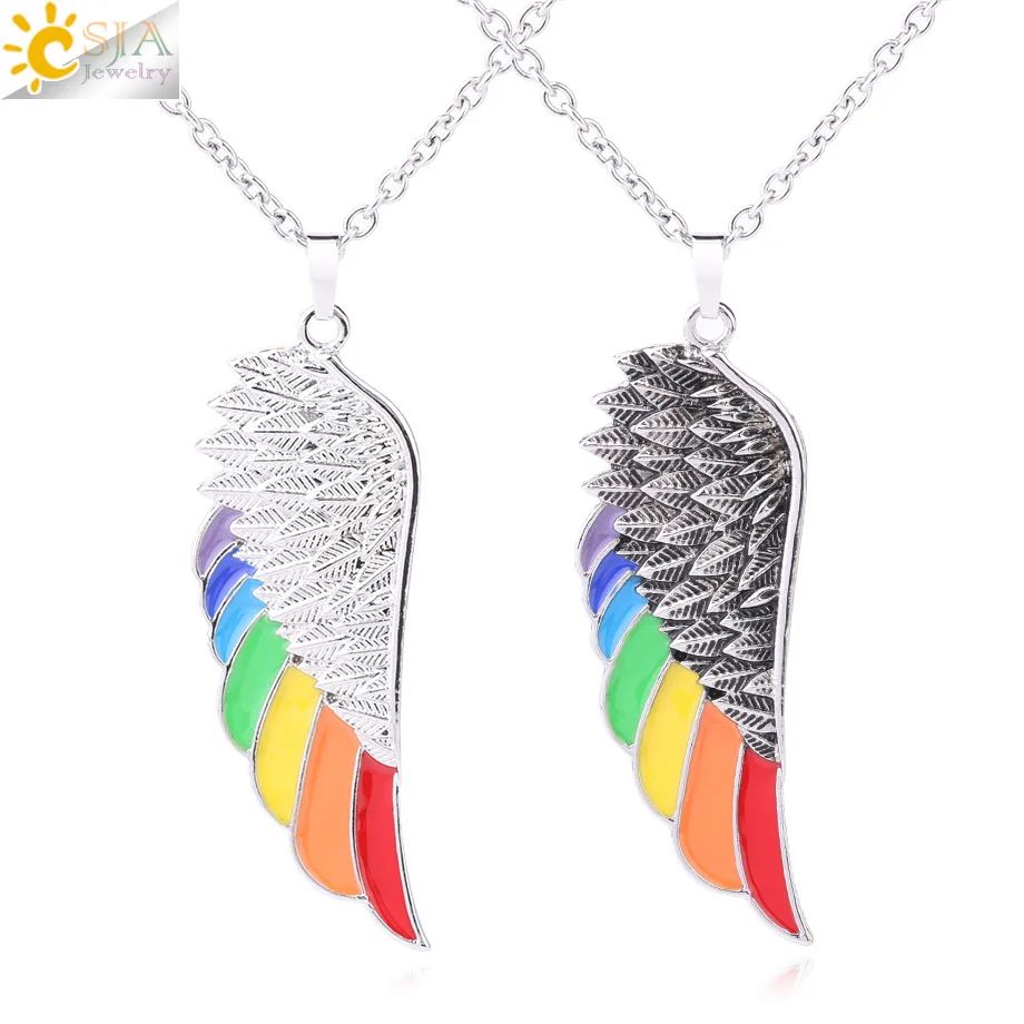 

CSJA Copper Angel Wing Necklace for Men Women Rainbow Enamel Beads Vintage Necklace European Fashion Charm 2021Luck Jewelry F637