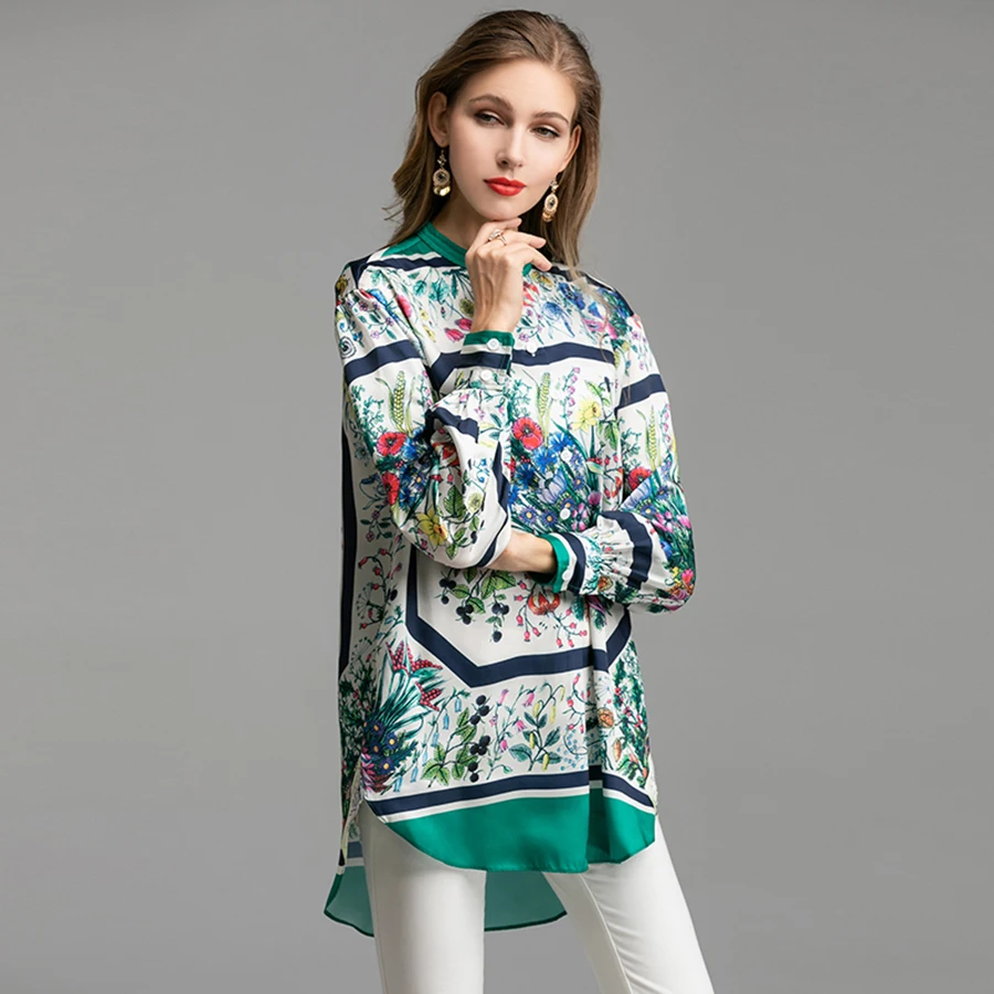 AELESEEN 2024 Summer Women Blouse Runway Fashion Long Sleeve Printed Loose Irregular Elegant New Floral Shirt