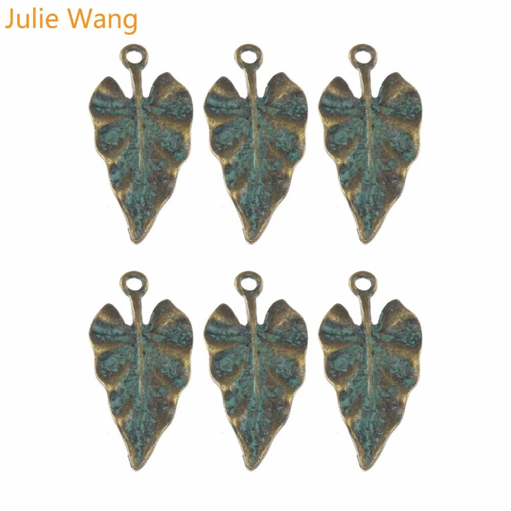 Julie Wang 20PCS Antique Bronze Charms  Green Heart Shape Leaves Suspension Pendants Jewelry Earring Necklace  Accessory