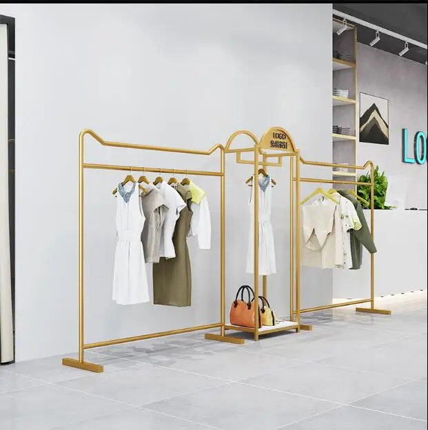 Showcase rack of high-end clothing store Simple gold dress shop iron rack floor hanging clothes rack