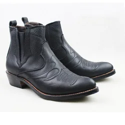 Men's Slip-On Cowhide Genuine Leather Work Boots 3.5cm Heels Western Cowboy Boots Black Botas Hombre Botas Militares, EU38-45