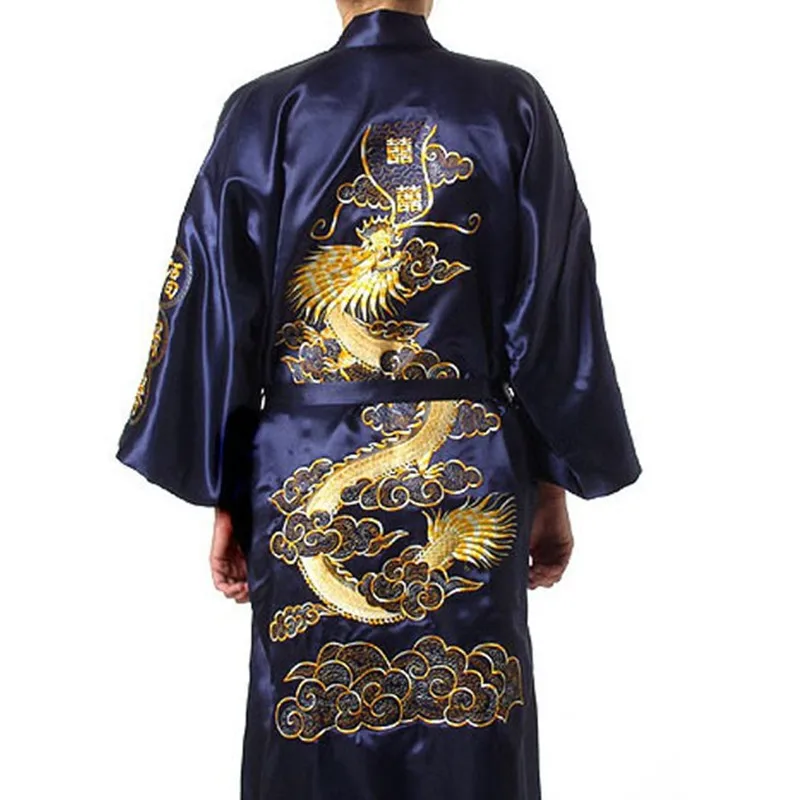 Navy Blue Chinese Men\'s Satin Silk Robe Embroidery Kimono Bath Gown Dragon Size S M L XL XXL XXXL S0008