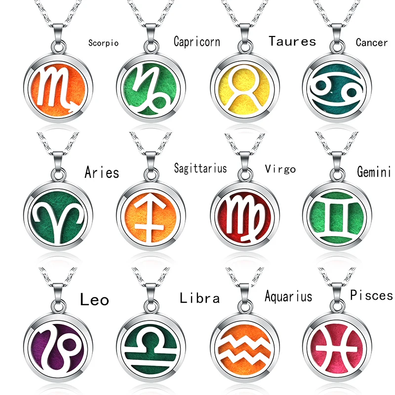 New 12 Constellations Aroma Necklace Stainless Steel Magnetic Pendant Aromatherapy Essential Oil Diffuser Perfume Locket Jewelry