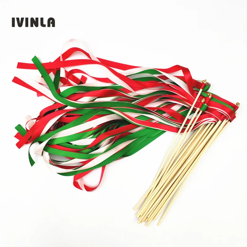 50pcs/lot green pink and red wedding ribbon wands with gold bell for wedding decoration