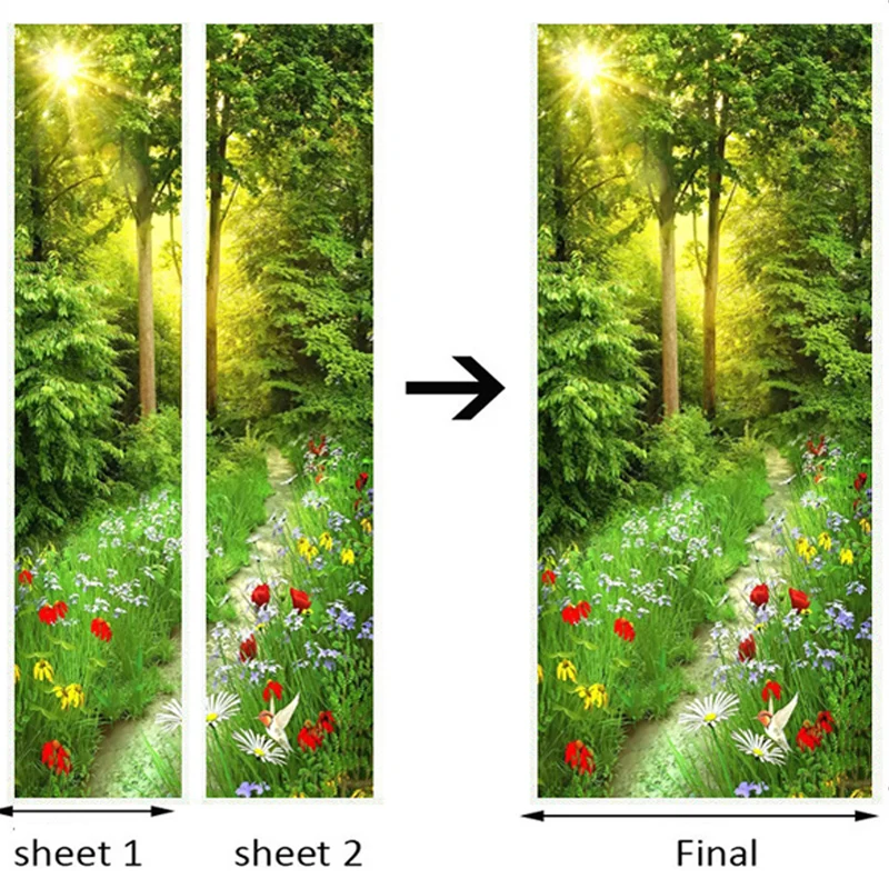 Green Forest Plant Landscape Door Sticker Living Room Kitchen Waterproof PVC Wallpaper Home Decor Poster 3D Door Wall Stickers