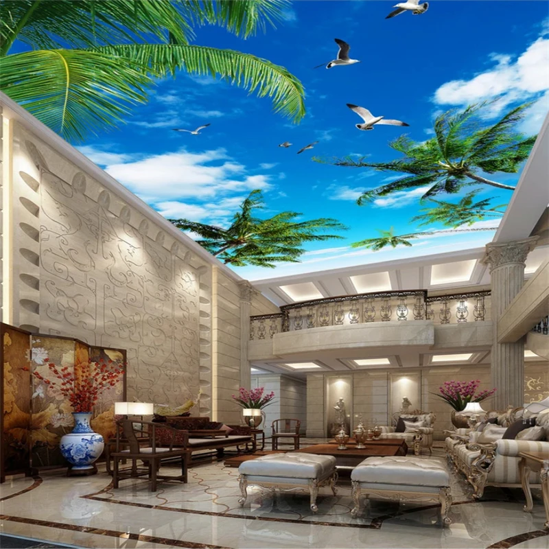 

Beibehang Custom ceiling 3d wallpaper coconut tree blue sky white clouds sea bird ceiling zenith mural carta da parati wallpaper