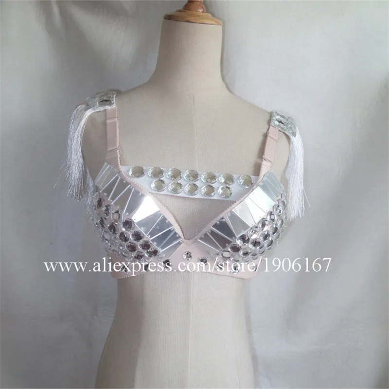 

Nightclub Ballroom Dance Bra Silver Mirror Singer Dress Sexy Stage Show Wears Clothes DS Disco Bar Bikini Performance Clothes