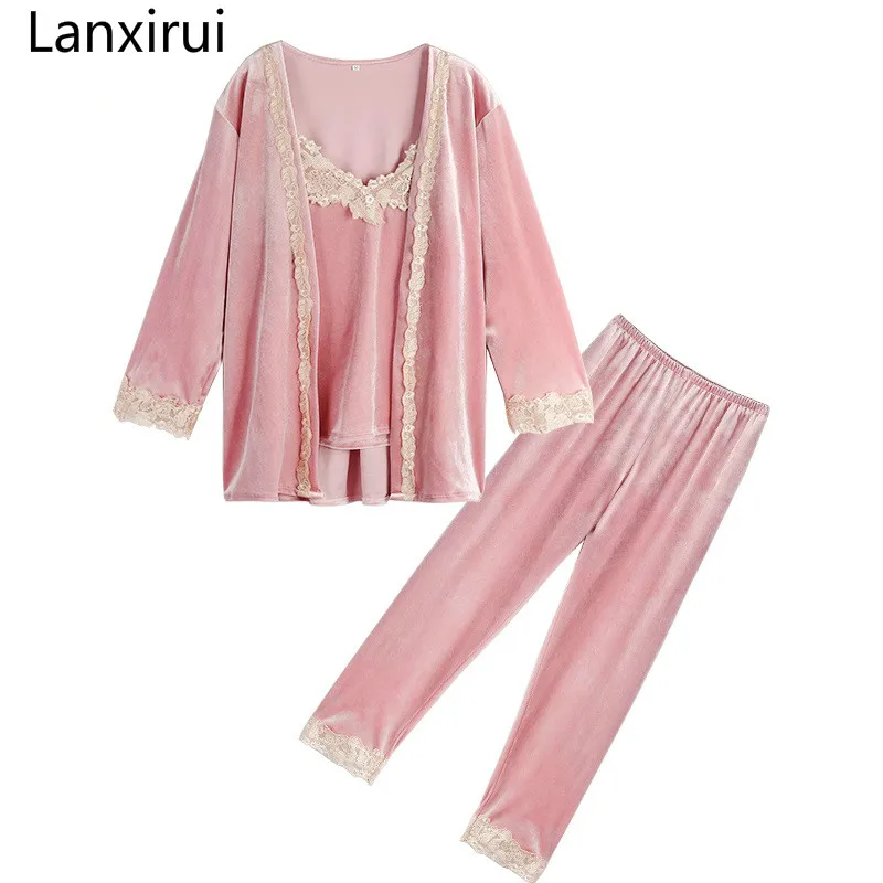 Spring 3 three-piece Set Sexy Bathrobe Women  lace Flannel Pajamas Set Nightgown Set Sleepwear Pajamas Feminino Pyjama suits