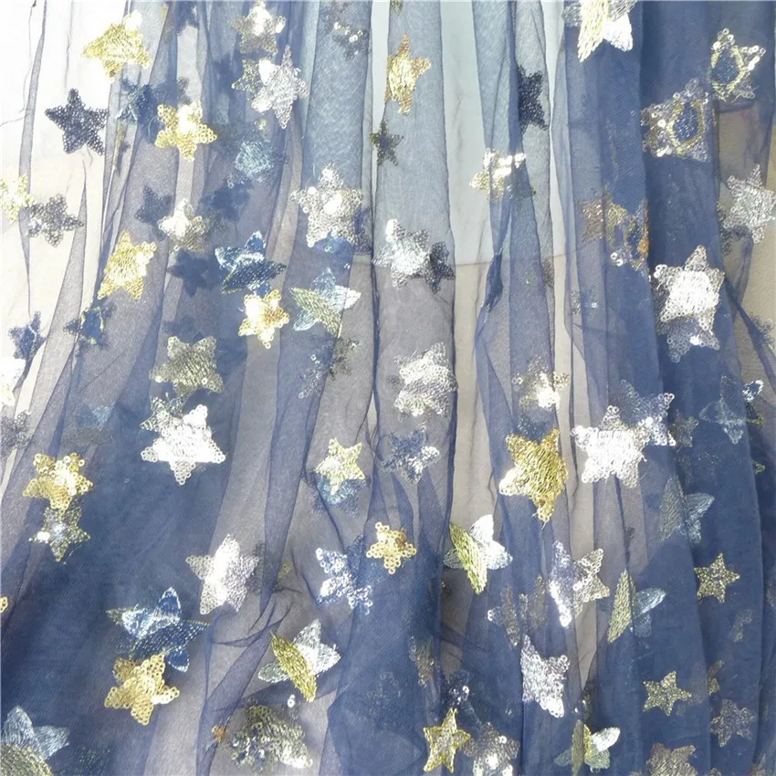 1 Yards New Fashion Sequin Star Embroidery Print Lace Tulle Fabric For Bridal Gown Dress 91*150cm