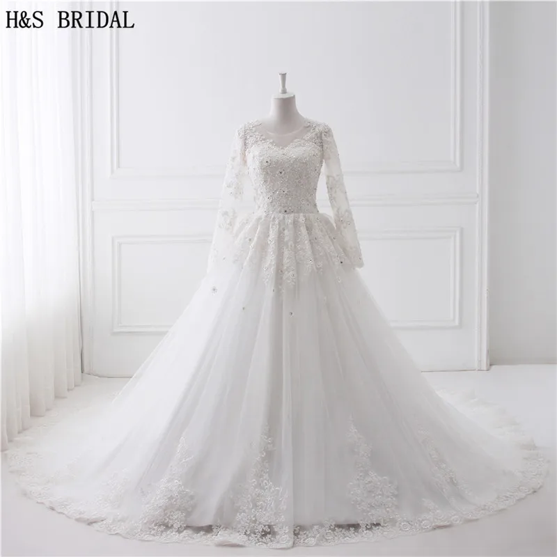 

Luxury Cathedral Train Ball Gown Wedding Dresses 2020 Sheer Front Back Lace Long Sleeves Wedding Gown Vestido De Novias Princess
