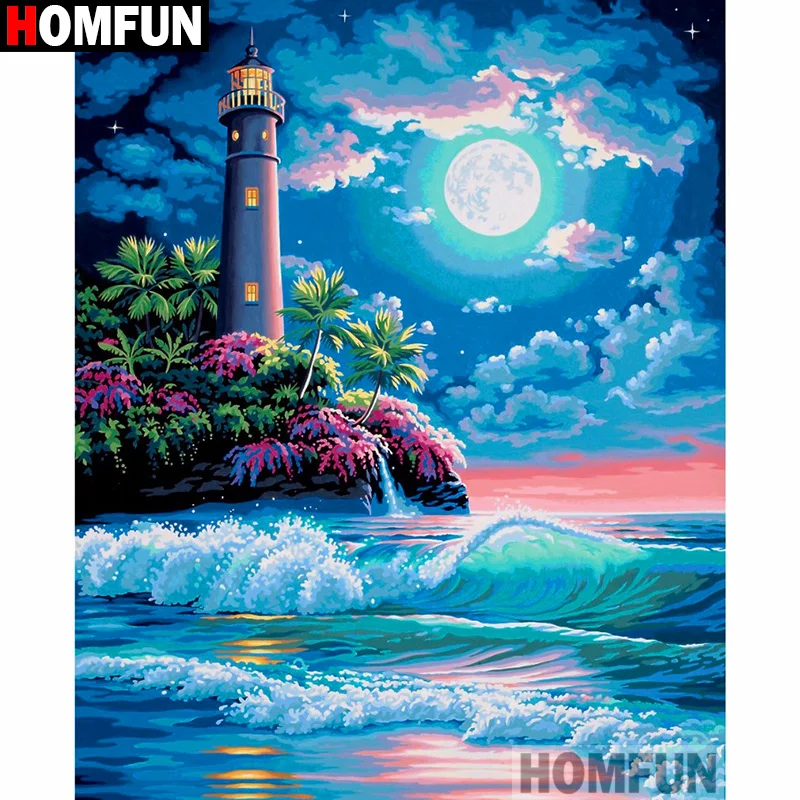 Homfun-ダイヤモンド絵画のテーマ「灯台海」,正方形または円形のビーズ,自分でできる3D刺painting,クロスステッチ,装飾,a19595