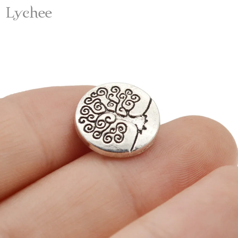 Lychee Life 10pcs Silver Metal Tree Carving Shank Buttons Round Carved Tree Jeans Button DIY Sewing Handmade Scrapbook Craft